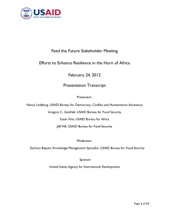 Feed the Future Stakeholder Meeting  Efforts to Enhance Resilience in the Horn of Africa  February