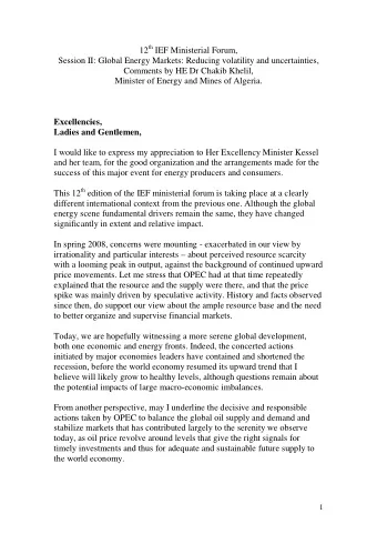 IEF Ministerial Forum,  Session II: Global Energy Markets: Reducing volatility and uncertainties,