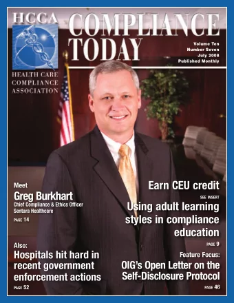 Earn CEU credit  Meet  Greg Burkhart see insert  Using adult learning  Chief Compliance &amp;