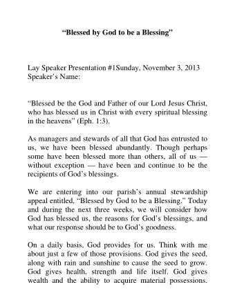Blessed by God to be a Blessing  Lay Speaker Presentation #1Sunday, November 3, 2013