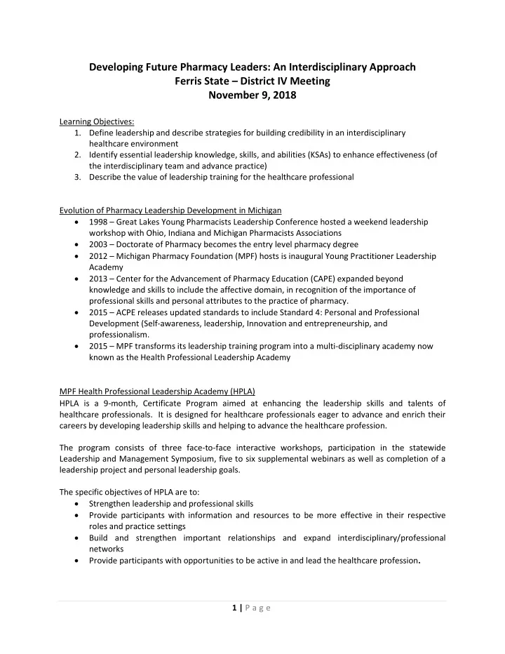 developing future pharmacy leaders an interdisciplinary