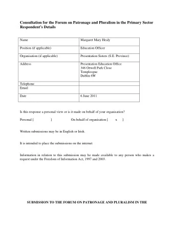 Consultation for the Forum on Patronage and Pluralism in the Primary Sector  Respondents Details
