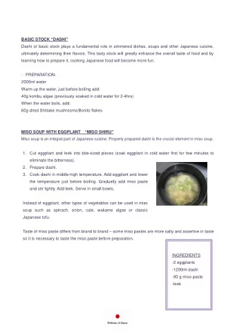 BASIC STOCK  DASHI   Dashi or basic stock plays a fundamental role in simmered dishes, soups