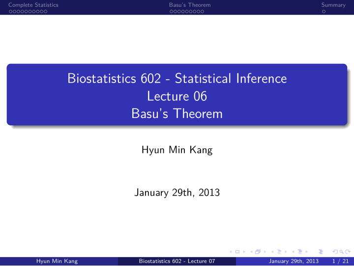 basu s theorem lecture 06 biostatistics 602 statistical