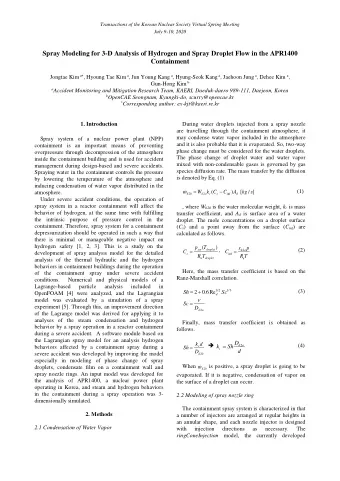 Spray Modeling for 3-D Analysis of Hydrogen and Spray Droplet Flow in the APR1400  Containment