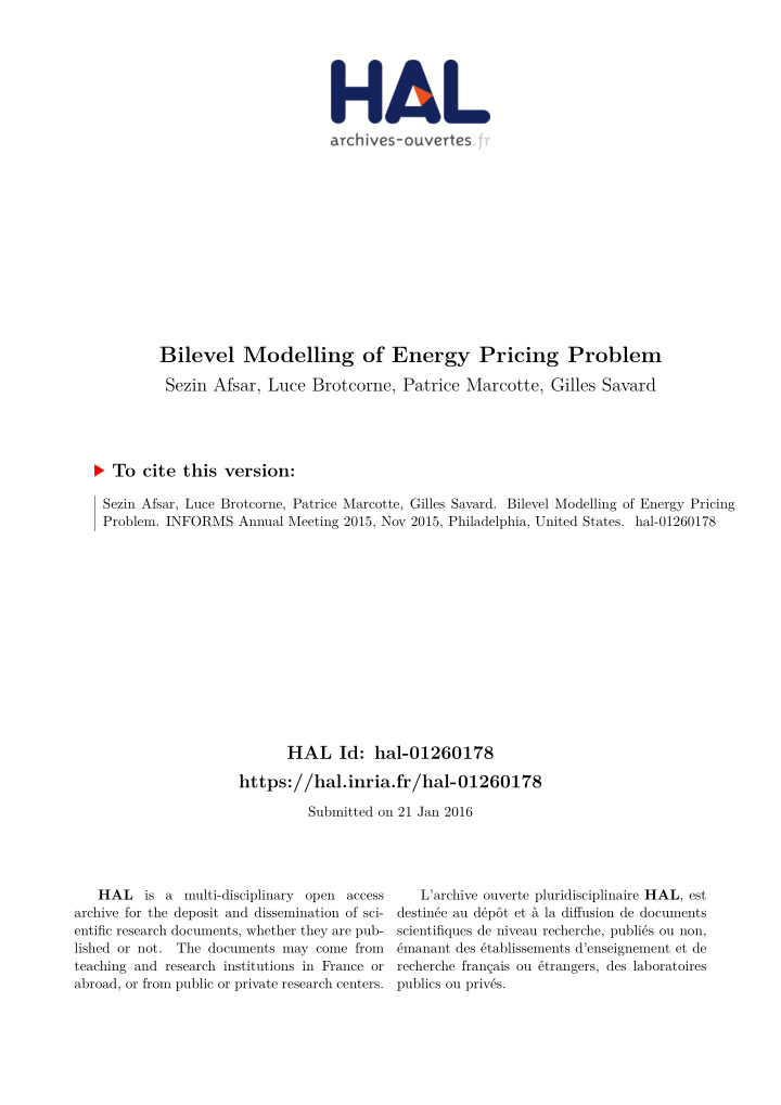 bilevel modelling of energy pricing problem