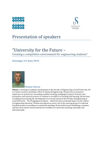 Presentation of speakers  University for the Future  Creating a competitive environment for