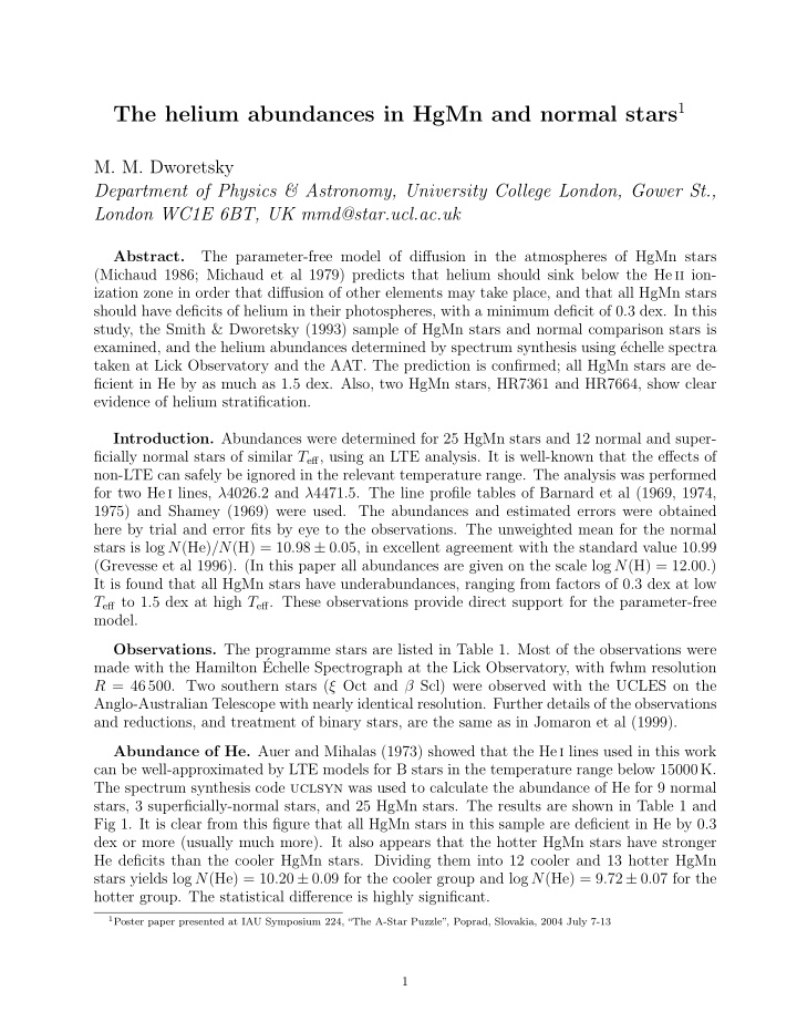 table 1 stellar parameters and helium abundances for the