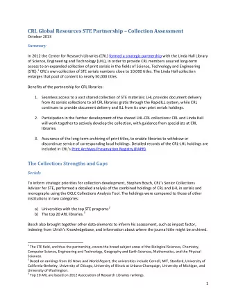 CRL Global Resources STE Partnership  Collection Assessment  October 2013  Summary  In 2012 the