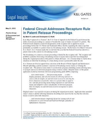 Federal Circuit Addresses Recapture Rule  May 21, 2012  in Patent Reissue Proceedings  Practice