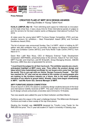 CREATIVE FLAIR AT MIFF 2019 DESIGN AWARDS  Winning Divides in Young Talent Hunt KUALA LUMPUR, Mar