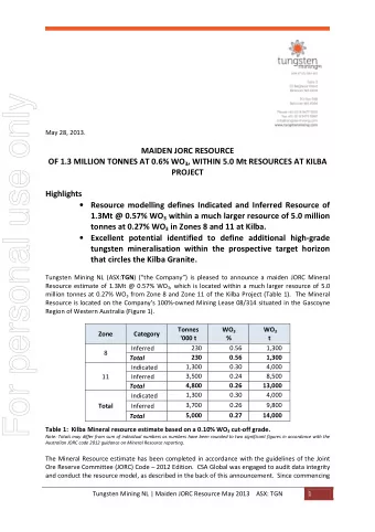 For personal use only  May 28, 2013.  MAIDEN JORC RESOURCE OF 1.3 MILLION TONNES AT 0.6% WO 3 ,