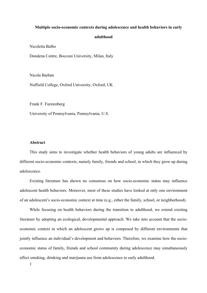 multiple socio economic contexts during adolescence and