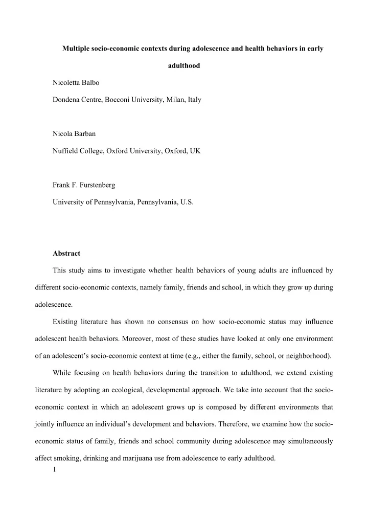 multiple socio economic contexts during adolescence and