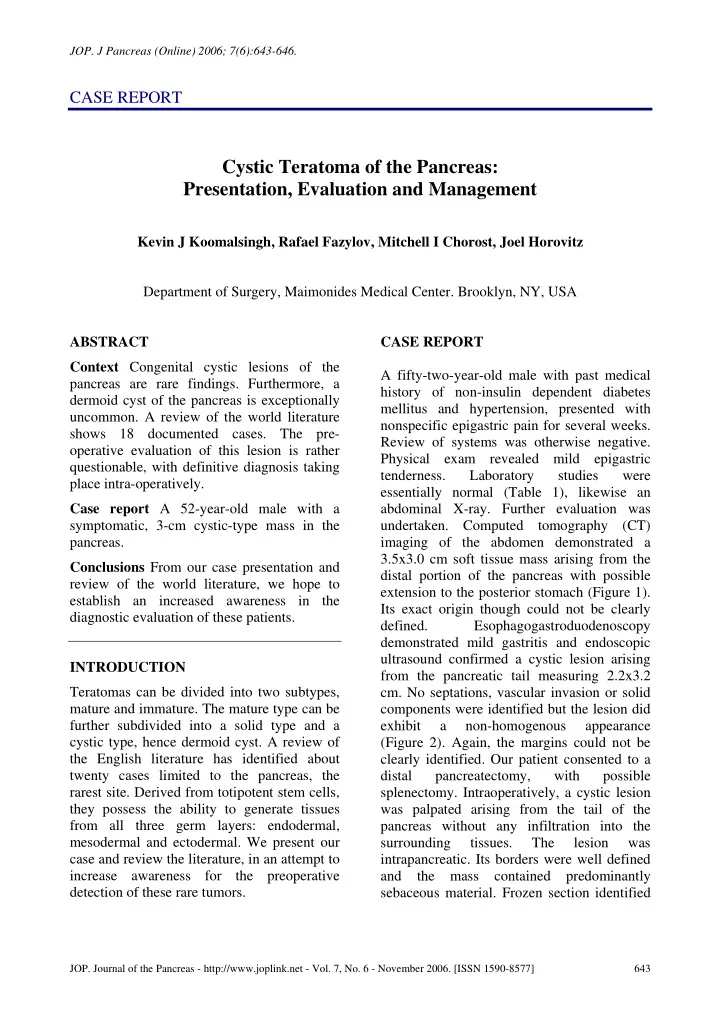 cystic teratoma of the pancreas presentation evaluation