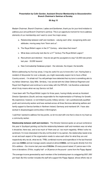 Presentation by Colin Gordon, Assistant Director Membership to Gloucestershire  Branch Chairman's