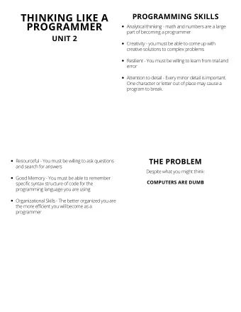 THINKING LIKE A  PROGRAMMING SKILLS  PROGRAMMER  Analytical thinking - math and numbers are a large