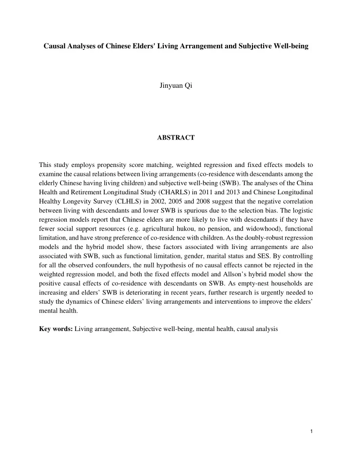 causal analyses of chinese elders living arrangement and