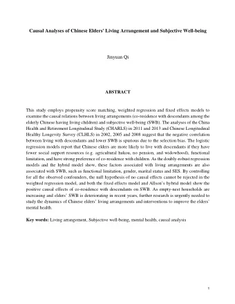 Causal Analyses of Chinese Elders' Living Arrangement and Subjective Well-being  Jinyuan Qi