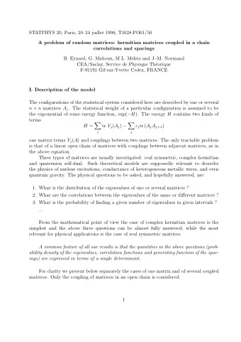 STATPHYS 20, Paris, 2024 juillet 1998, T1028:PO01/50  A problem of random matrices: hermitian