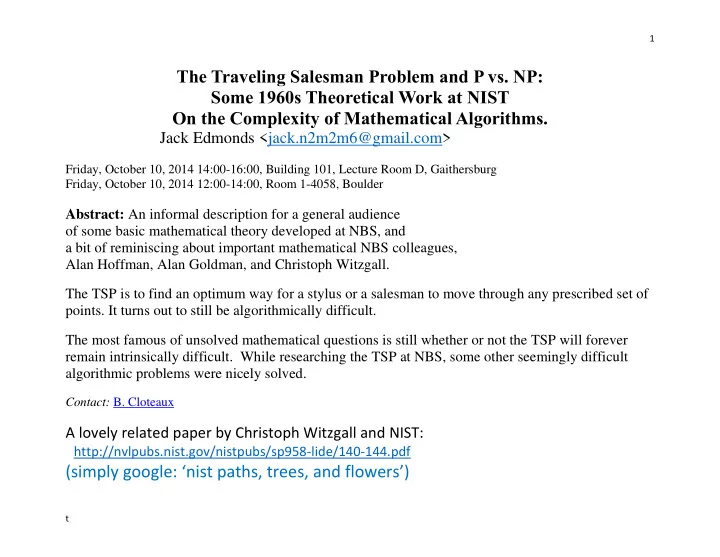 the traveling salesman problem and p vs np some 1960s