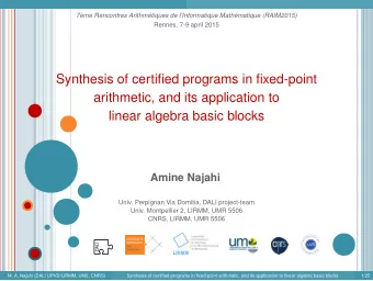 Synthesis of certified programs in fixed-point  arithmetic, and its application to  linear algebra