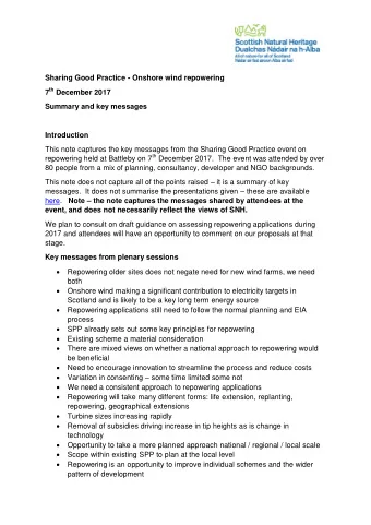 Sharing Good Practice - Onshore wind repowering 7 th December 2017  Summary and key messages