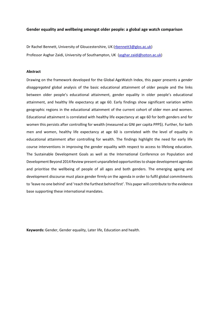 gender equality and wellbeing amongst older people a