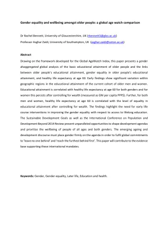 Gender equality and wellbeing amongst older people: a global age watch comparison  Dr Rachel