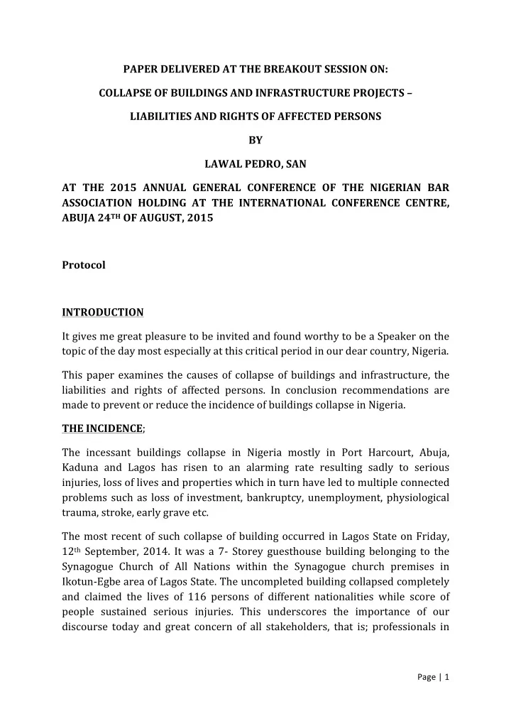 paper delivered at the breakout session on collapse of