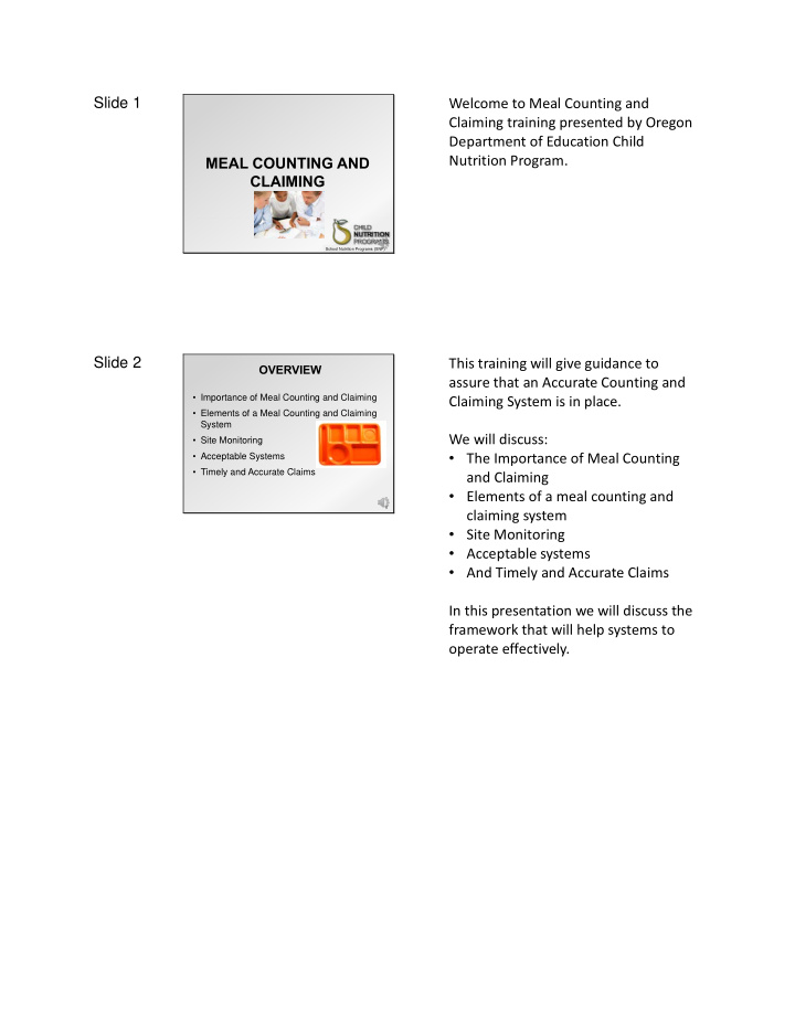 slide 1 welcome to meal counting and claiming training