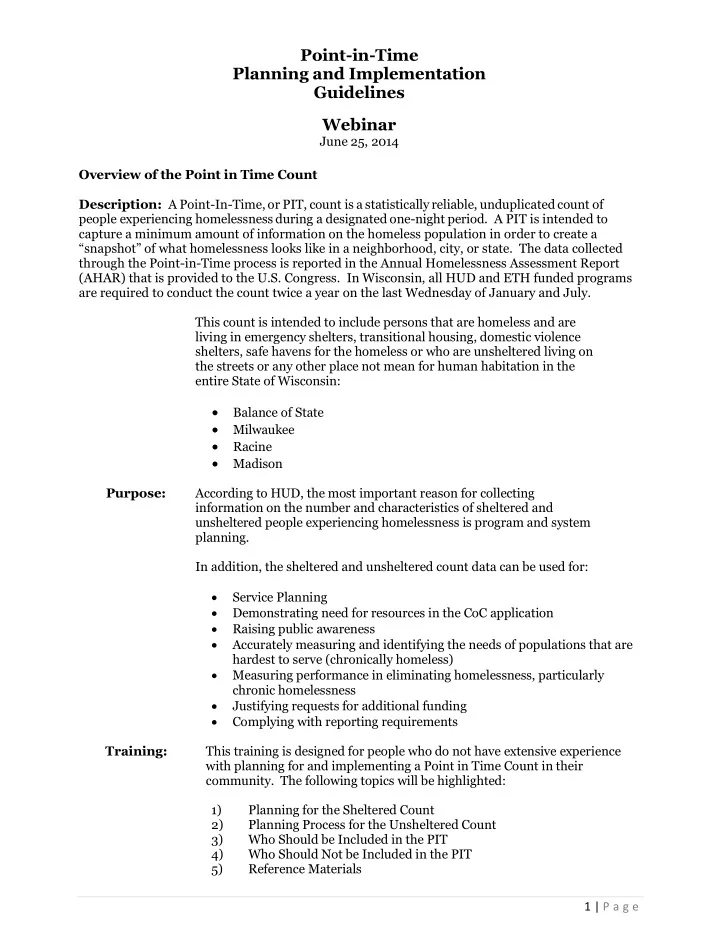 point in time planning and implementation guidelines