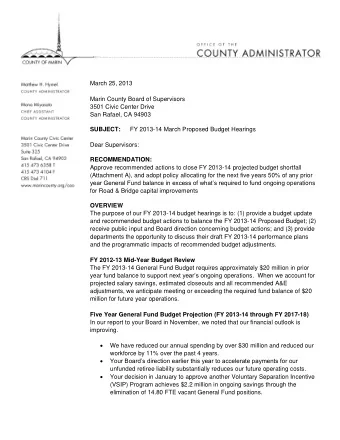 March 25, 2013  Marin County Board of Supervisors  3501 Civic Center Drive  San Rafael, CA 94903 FY