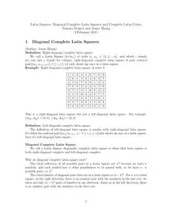 1  Diagonal Complete Latin Squares  (Author: Jenny Zhang) Definition : Right-diagonal complete