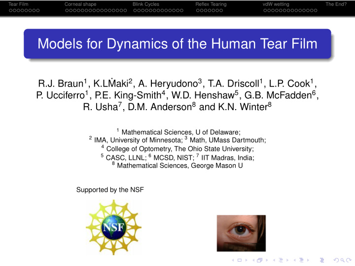 models for dynamics of the human tear film