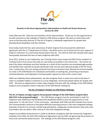 Remarks to the House Appropriations Subcommittee on Health and Human Resources  January 26, 2016