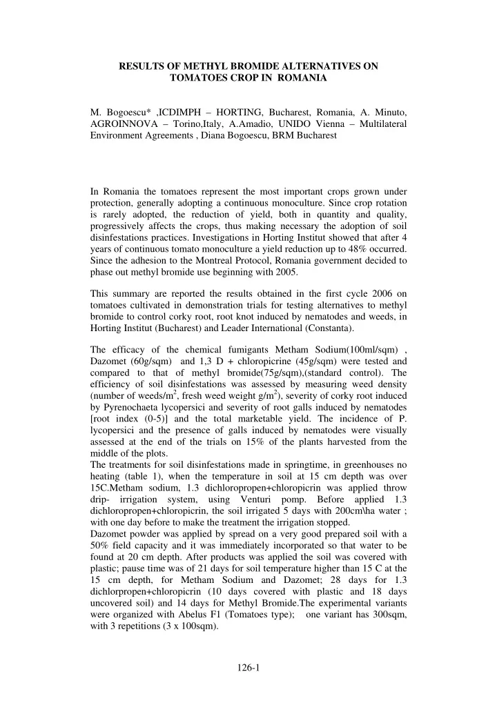 results of methyl bromide alternatives on tomatoes crop