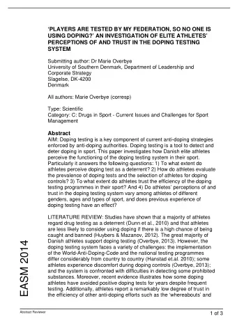 EASM 2014  doping testing system faces a variety of challenges: the implementation  of the