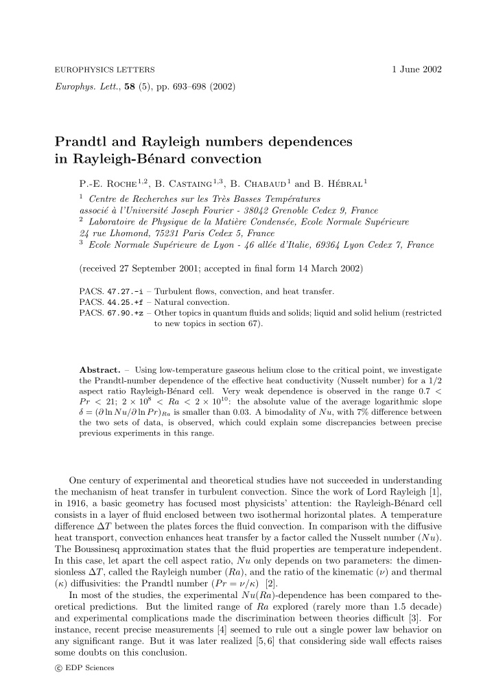 prandtl and rayleigh numbers dependences in rayleigh b