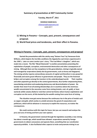 Summary  of  presentation  at  BCP  Community  Center   Tuesday,  March