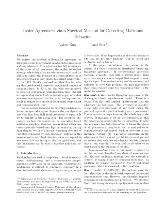 Faster Agreement via a Spectral Method for Detecting Malicious  Behavior Valerie King  Jared