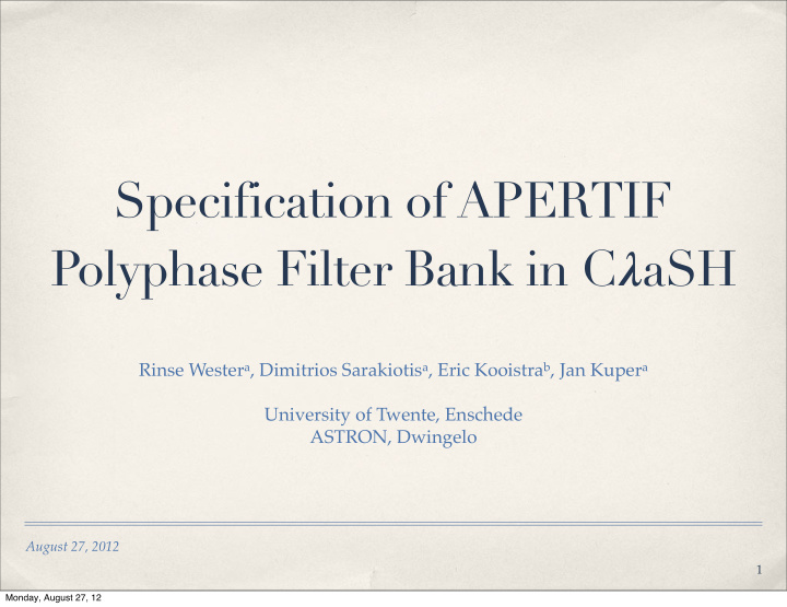 specification of apertif polyphase filter bank in c ash