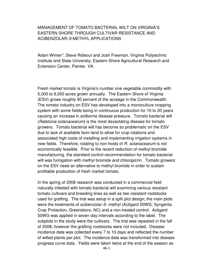management of tomato bacterial wilt on virginia s eastern