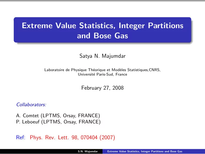 extreme value statistics integer partitions and bose gas