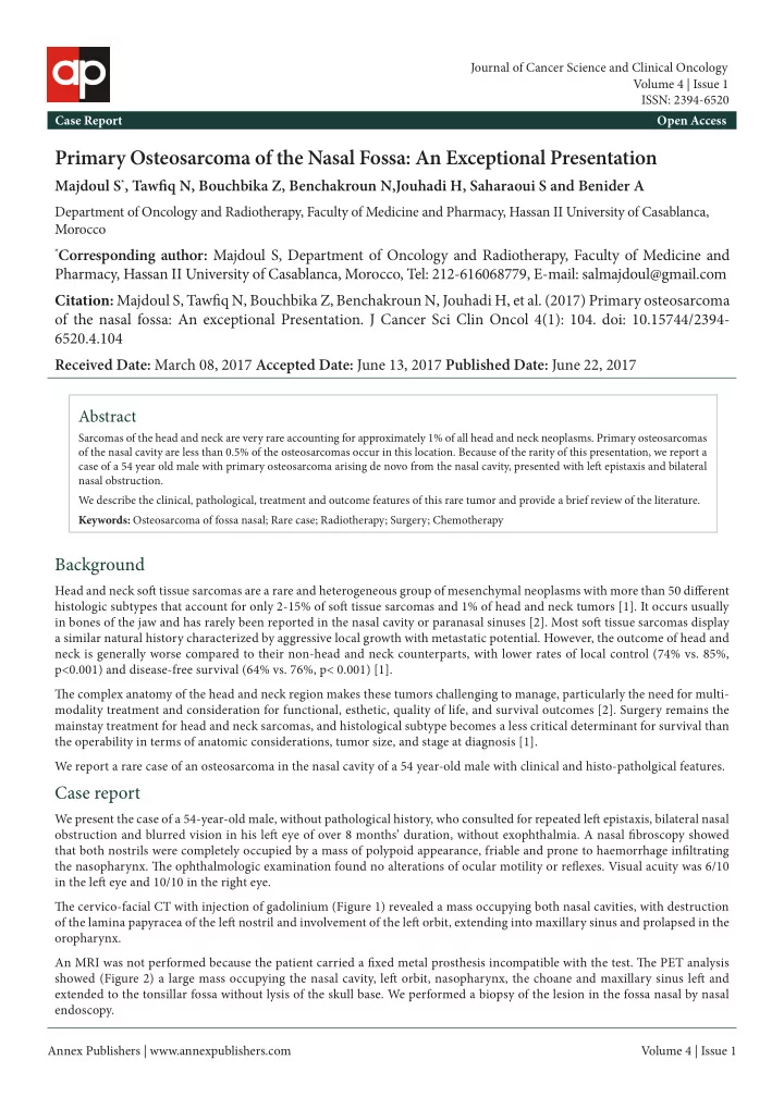 primary osteosarcoma of the nasal fossa an exceptional