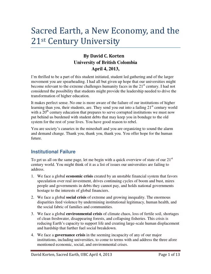 sacred earth a new economy and the 21 st century
