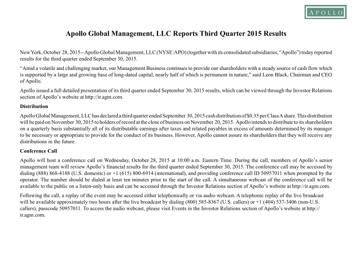 apollo global management llc reports third quarter 2015
