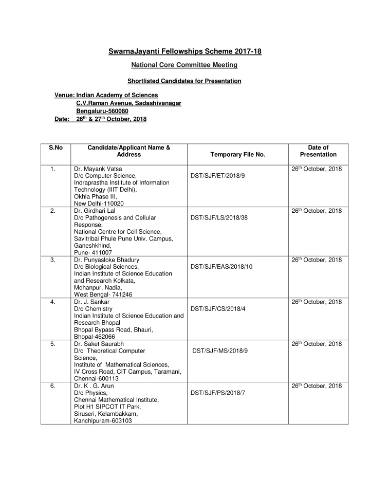 swarnajayanti fellowships scheme 2017 18