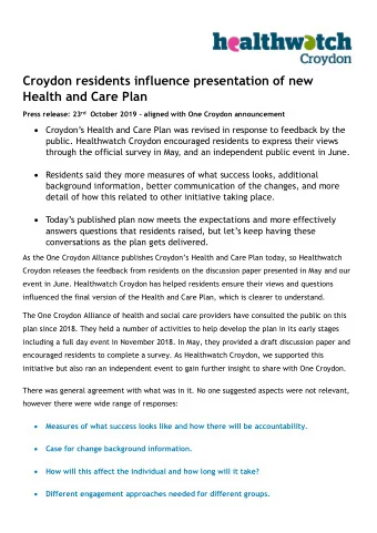 Croydon residents influence presentation of new  Health and Care Plan Press release: 23 rd October