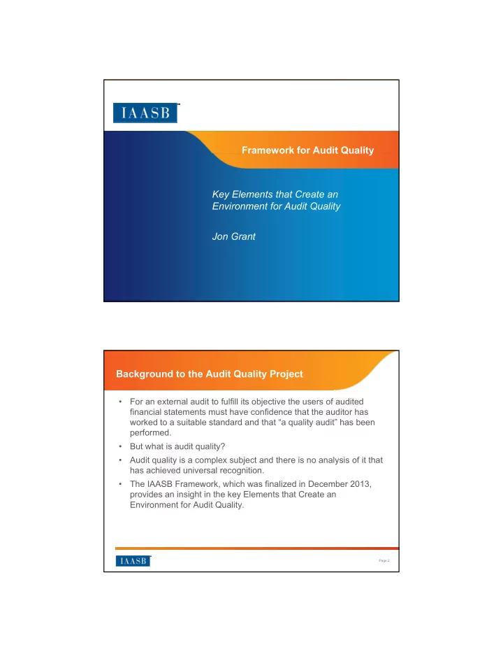 framework for audit quality framework for audit quality